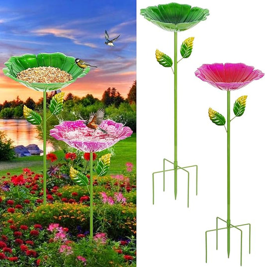 2 Pack Bird Baths for Outdoors, Colorful Metal Bird Bath for Outside, Hummingbird Bath with Five Stakes, Garden Flower Small Birdbath for Garden Decor, 31.3" H x 10.63" Dia (Red,Green)