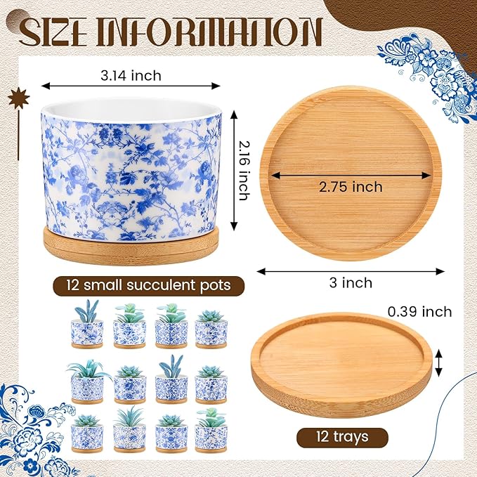 Maxdot 12 Pcs 3 Inch Ceramic Chinoiserie Succulent Pots Blue and White Mini Plant Cylinder Pots with Drainage Holes and Bamboo Trays for Indoor Plants Flowers Succulent Garden Decoration