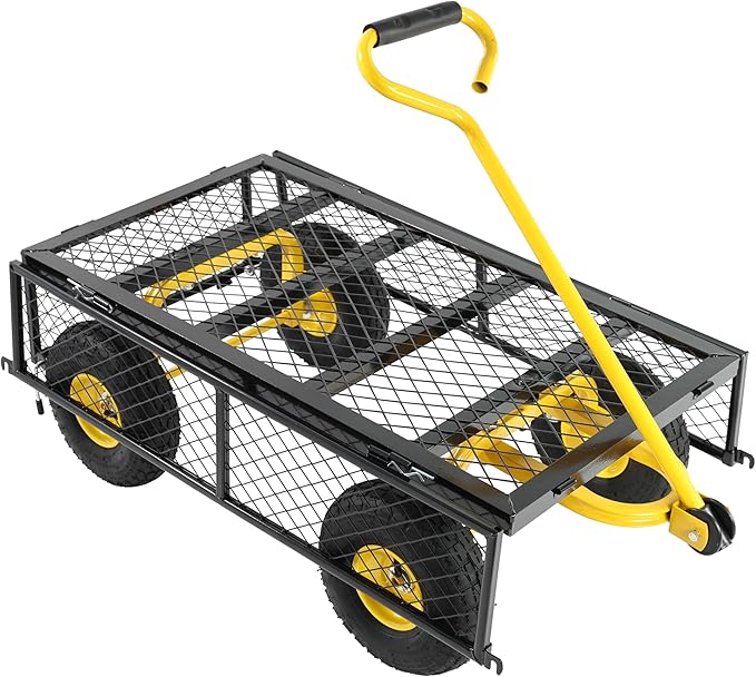 Steel Garden Cart 600 lbs Capacity Heavy Duty Garden Wagons,with Removable Steel Mesh Sides to Convert into Flatbed,Utility Metal Wagon w/ 180°Rotating Handle (Yellow-Pneumatic-Double Height)