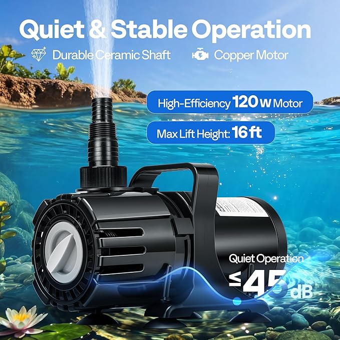 VIVOHOME 120W Adjustable Flow Submersible Water Pump, 800-2100GPH Stepless Flow Control, 16ft Max Lift, 180° Seamless Adjustable Nozzle and Barrier Pump Bag for Pond, Aquarium, Fountain, Waterfall