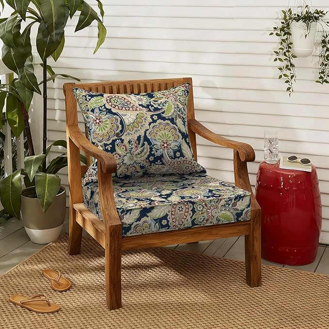 LVTXIII Outdoor Deep Seat Cushion Patio Seat and Back Cushion Set Seasonal Chair Cushion with Removable Cover and Adjustable Buckle for Home and Garden, 22"x22"x4", Paisley Sapphire Blue