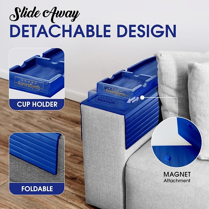 Bamboo Couch Cup Holder, 2 Cork Coasters, Anti-Slip Foldable Couch Arm Tray | 2 in 1 Foldable Sofa Arm Tray, Couch Armrest Table, Anti-Spill Couch Arm Table for Drinks TV Remote Cellphone Snacks