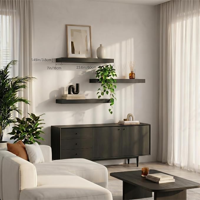 Black Modern Floating Shelves for Wall, 24 Inch Long Shelf Set of 3 | Wooden Storage Shelves, Over Toilet, Wood Grain Finish, 33lbs Max Load, Hidden Brackets, Easy Install, Bedroom Living Room