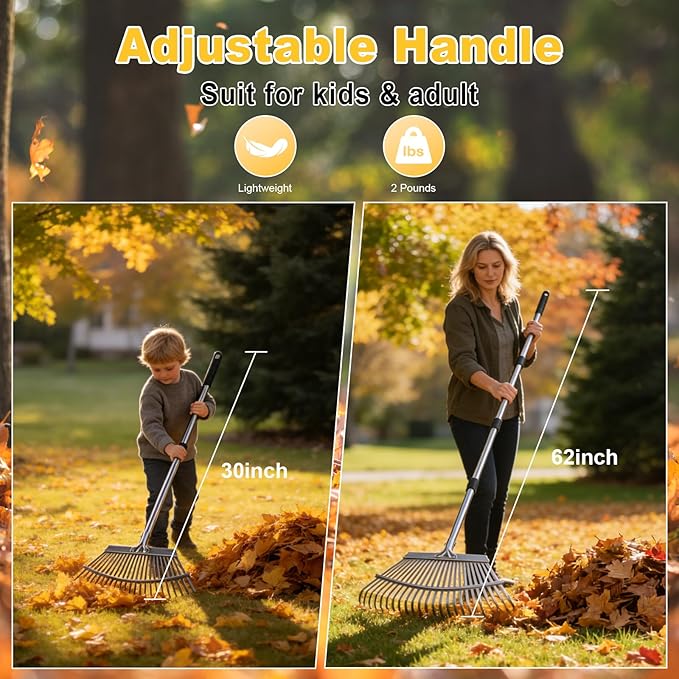 ARTIPOLY Adjustable Leaf Rake, 18-Inch Wide Heavy Duty Garden Rake with 62-Inch Long Handle, Large Metal Leaf Rake for Lawn Yard Grass, Flower Beds, Outdoor Use, Rastrillo para Jardin