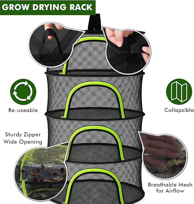 Herb Drying Rack Hanging Mesh 8 Layer 24" with Zipper, Garden Pruning Shear, Hook & Carabiner Clip for Drying Herbs, Plants, Seeds, Buds | Hydroponics & Grow Tents Herb Dryer Hanging Rack