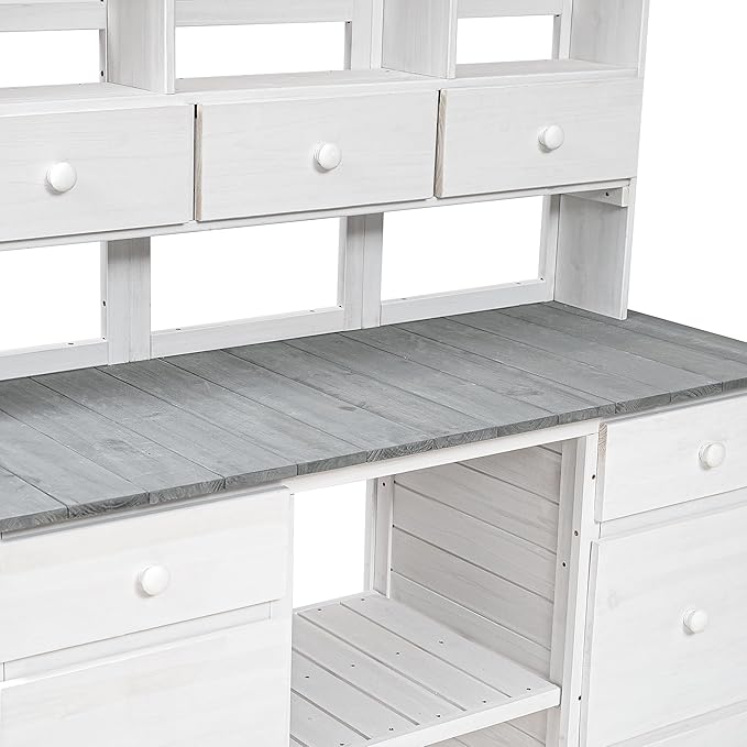 Garden Potting Bench Table, Rustic and Sleek Design Wood Outdoor Garden Work Bench with Multiple Drawers and Shelves for Storage,Patio Workstation for Garden, Patio, and Backyard (White+Gray#018)