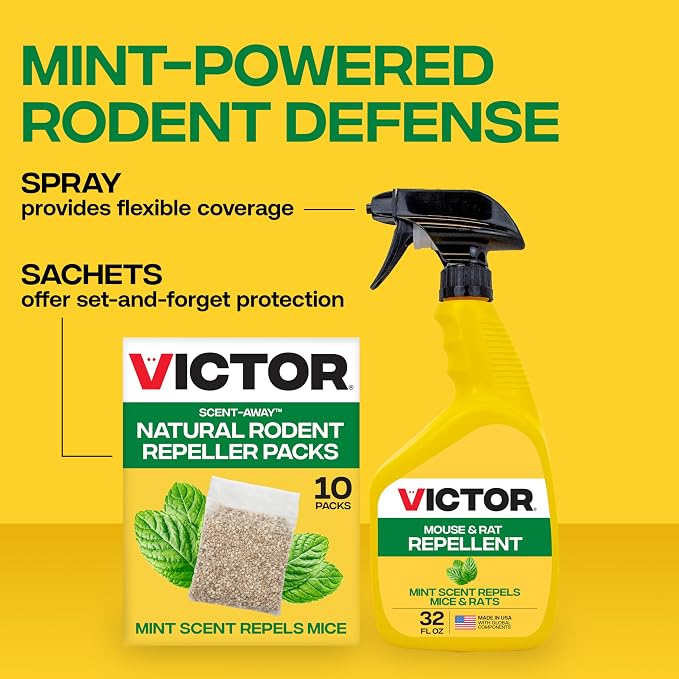Victor Mouse and Rat Repellent Spray, 32 oz Bottle | Up to 67 Linear Feet Coverage, Natural Essential Oil Formula for Indoor & Outdoor Rodent Control, Ready to Use Pest Repellent