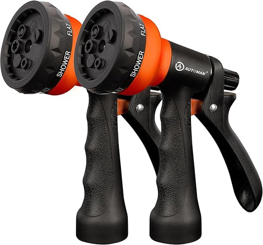 AUTOMAN-Garden-Hose-Nozzle, 2 Pack ABS Water Spray Nozzle with Heavy Duty 7 Adjustable Watering Patterns,Slip Resistant for Watering Plants,Lawn& Garden,Washing Cars,Cleaning, Orange