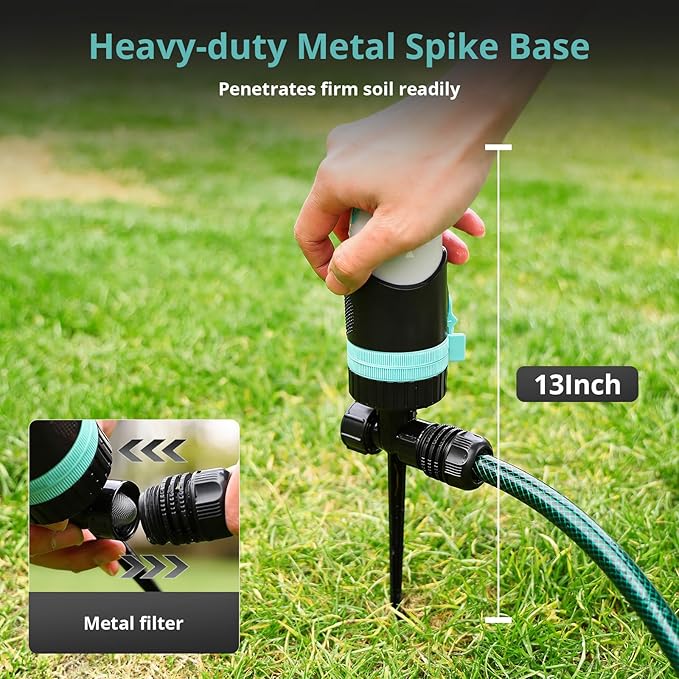 QUOBAS 2 Pack Sprinkler for Yard, 4 Spray Modes, 360° Adjustable Rotation, Heavy Duty Metal Spike with Built-in Filter, Water Diameter up to 50ft for Garden Plant, Flower Bed and Large Yard Area
