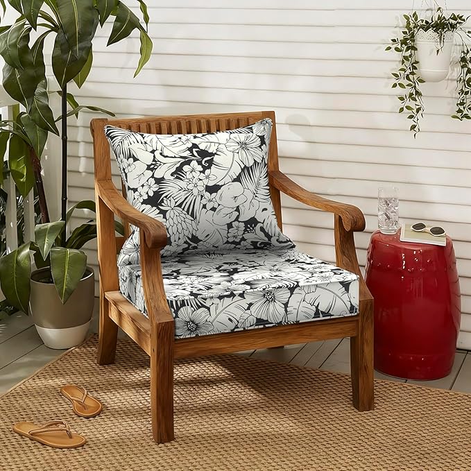 LVTXIII Outdoor Deep Seat Cushion Patio Seat and Back Cushion Set Seasonal Chair Cushion for Dining Arm Chairs, Wicker Chairs and Garden Furniture Decoration, 22"x22"x4", Tropical Blossom Noir