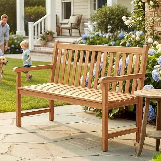 Tangkula 51" Teak Wood Outdoor Bench, 2-Person Solid Wood Garden Patio Bench with Backrest and Armrests, Wooden Loveseat Seating Furniture for Porch, Balcony, Backyard and Deck