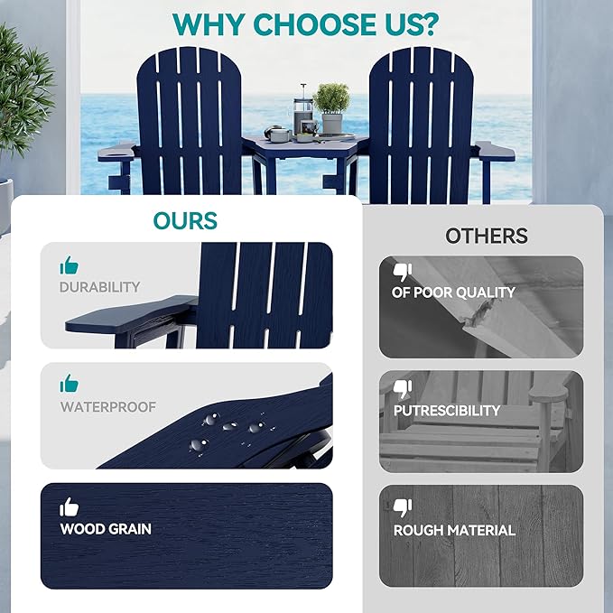 Vongrasig Adirondack Chairs Set of 2 with Removable Tabletop and Footrest, HDPE Plastic Outdoor Chair Set with Wooden Textured, Cup Holder for Patio, Poolside, Garden, Dark Blue, 5 Pieces