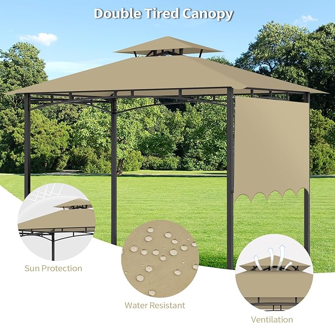 Grill Gazebo Replacement Canopy Top Only - 5' x 11' Outdoor BBQ Gazebo Canopy Roof with Extra Side Awning, Waterproof Double Tiered Shelter Cover (Khaki, 5x11)
