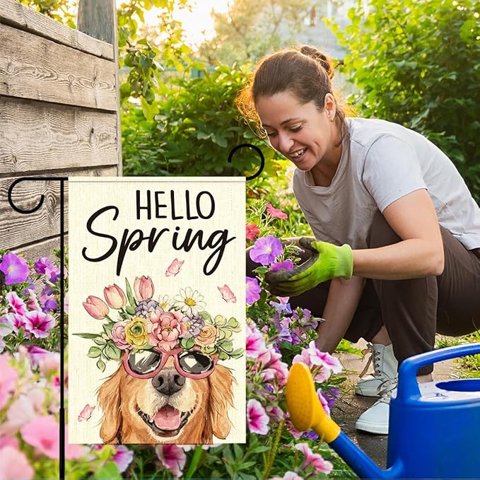 Hello Spring Flags for Outside,Golden Retriever Garden Flag for Yard Patio Lawn Decoration,12x18 Inch Double Sided