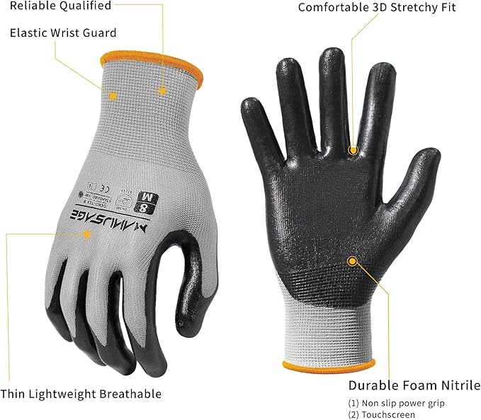 MANUSAGE Safety Work Gloves for Men and Women - Nitrile With Touchscreen Fingers and Grip - Mechanics Gloves (Size-XL, Grey, 12 Pairs)