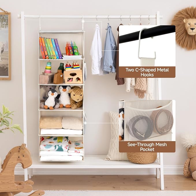 StorageWorks Hanging Closet Organizer for Small Closets, 5 Shelf | Add More Storage to Small Closets with 5 Reinforced Shelves, Perfect for Bedroom, Dorm and RV, Ivory White
