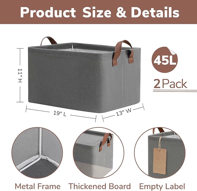 CHICVITA 45L Extra Large Fabric Storage Bins for Shelves, 2Pack, Grey | 19" L x 13" W x 11" H Storage Baskets for Clothes, Toys & Blankets, Fits Bedroom & Living Room Organization, Leather Handles