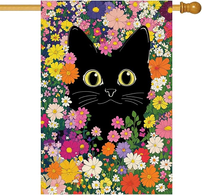 Baccessor Spring Summer Cat House Flag Double Sided 28 x 40 Inch Funny Black Cat Flower Floral Welcome large Flag Burlap Seasonal Yard Outdoor Outside Decoration (Large)