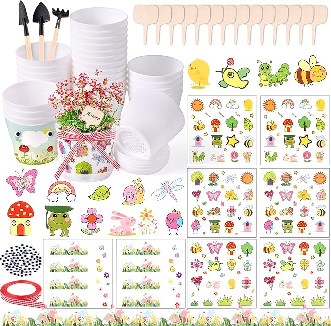 30 Pack Garden Plastic Pot Craft Kit DIY Flower Plant Crafts Nursery Pots Flower Planting Growing Kit for Mother's Day Spring Summer Home Classroom School Creative DIY Art Project Activities