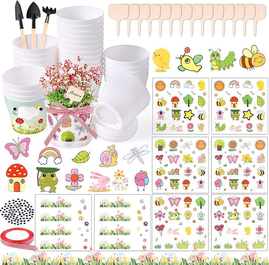 30 Pack Garden Plastic Pot Craft Kit DIY Flower Plant Crafts Nursery Pots Flower Planting Growing Kit for Mother's Day Spring Summer Home Classroom School Creative DIY Art Project Activities