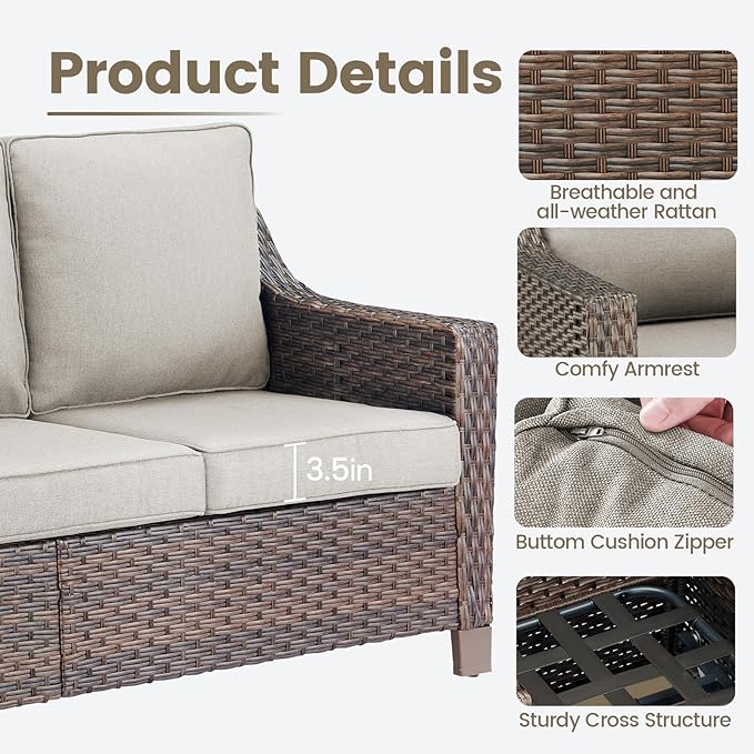Outdoor Wicker Patio Furniture Set - 5 Piece Outside Rattan Conversation Bistro Dining Chair Sets with Rocking Swivel Chairs, 3-Seat Couch and Ottomans for Porch Yard Balcony – Brown/Beige
