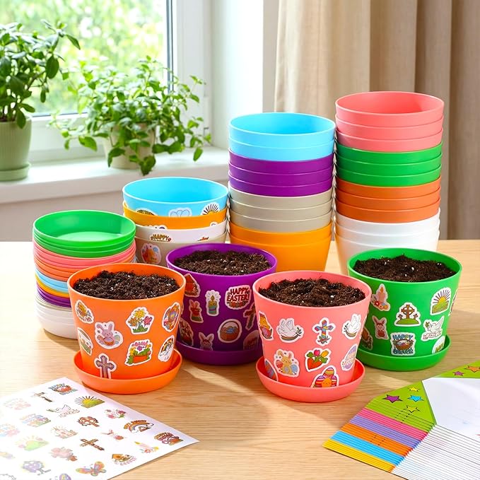 Domensi 30 Pack Garden Pot Craft Kit 4 Inch DIY Happy Easter Crafts for Kids Bulk Small Plastic Spring Flower Plant Pot Plastic Planter with Tray Drainage Holes with Tag, Certificate of Award, Sticker