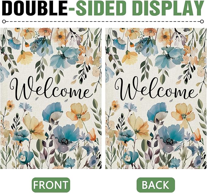 Dyrenson Welcome Spring Summer Floral Theme Decorative Garden Flag, Watercolor Poppy Flower Botanical Yard Outside Home Decoration, Seasonal Burlap Outdoor Small Decor Double Sided 12 x 18