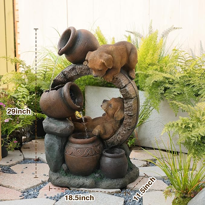Sunlinua 29" H Dog Outdoor Water Fountain, Decorative Resin Water Fountain with LED Lights, Garden Puppy Waterfall Fountains Indoor and Outdoor for Patio, Porch, Courtyard, Home Decor