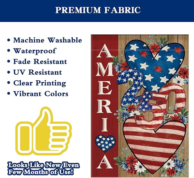 4th of July Garden Flag, 250 Anniversary USA Flag Patriotic America Memorial Day Yard Outdoor Decorations Outside American Heart 250 Years Fourth of July Garden Flag Double Sided Waterproof 12x18 Inch