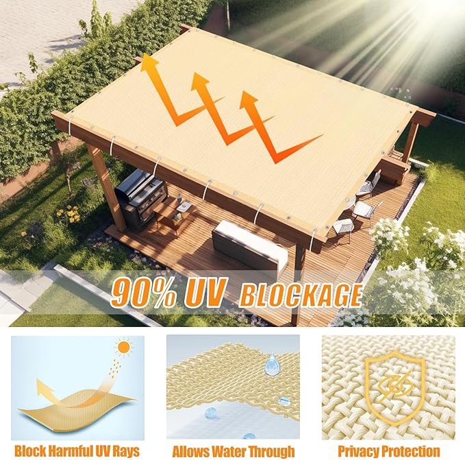 KANAGAWA 90% Sun Shade Cloth 8'X 10' Outdoor Pergola Shade Cover Canopy with Grommets UV Block Privacy Screen for Patio, Backyards, Outdoor, Carport, Garden, Wheat