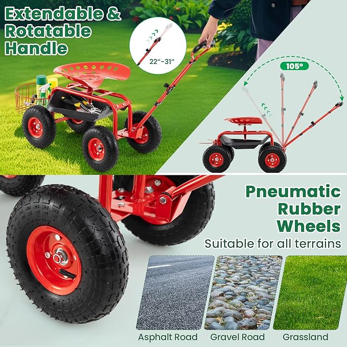 Giantex Rolling Garden Workseat with Wheels, 360 Degree Swivel Gardening Stool Cart with Storage Basket, Adjustable Height, Steering Handle, Steel Frame, Outdoor Work Seat for Planting Triming (Red)