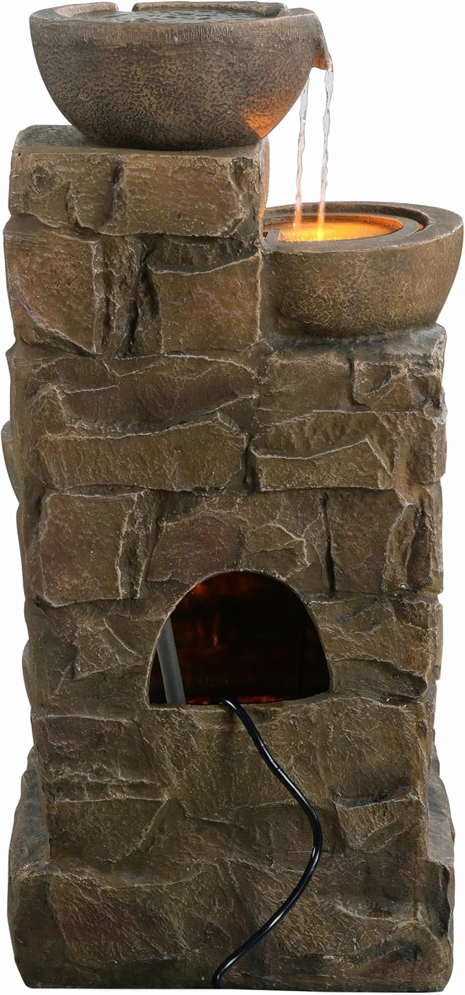 Teamson Home 33.27" Outdoor Freestanding Water Fountain with LED Lights, Cascading Bowls & Stacked Stones, Floor Fountain for Patio, Garden, Balcony, Lawn, Yard Decor, Brown Polyresin