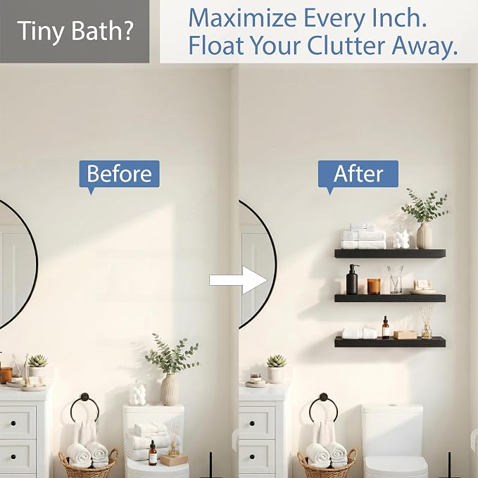 Black Modern Floating Shelves for Wall, 24 Inch Long Shelf Set of 3 | Wooden Storage Shelves, Over Toilet, Wood Grain Finish, 33lbs Max Load, Hidden Brackets, Easy Install, Bedroom Living Room