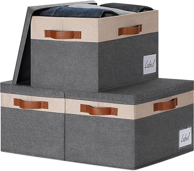 GhvyenntteS Fabric Storage Bins with Lids 3 Pack, Large Fabric Storage Baskets with Lid and Handles, Foldable Closet Organizers and Storage boxes with Label Window for Home (Beige, 15" x 11" x 9.7")