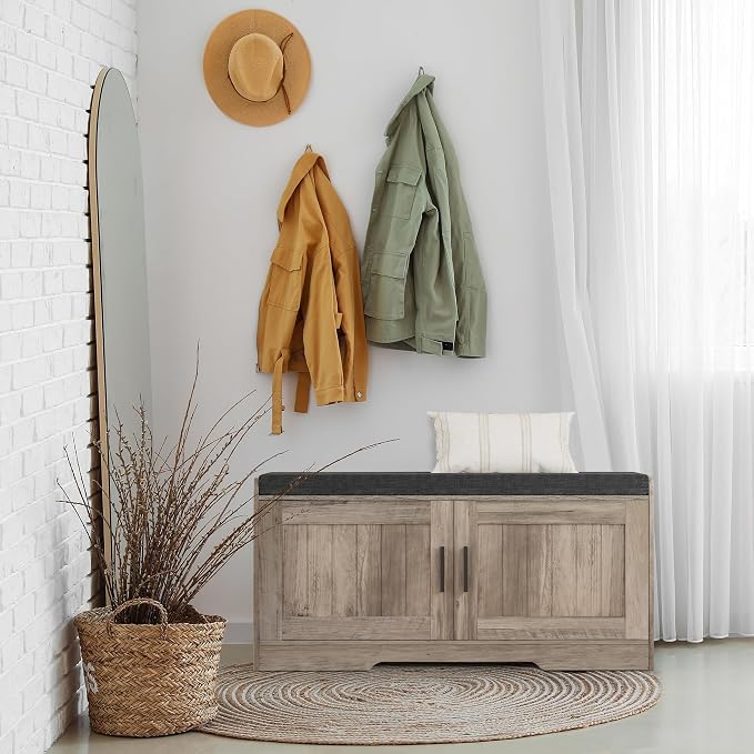 Homleke Shoe Storage Bench, 2 Doors & Thickened Padded Seat Cushion