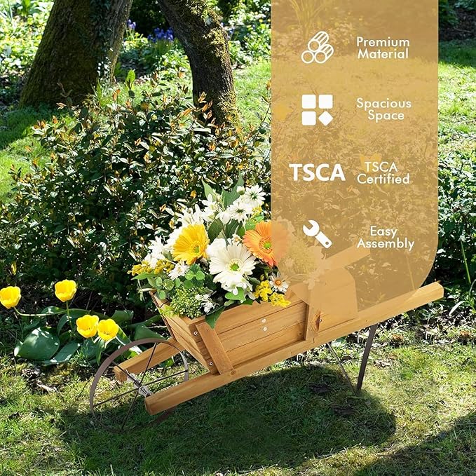 HAPPYGRILL Wooden Wagon Planter, Small Flower Plant Pot w/Triangular Metal Support, 2 Energy-Saving Handles, Movable Wheel, Wood Wheelbarrow Cart Planter for Garden Backyard Holiday (Walnut)