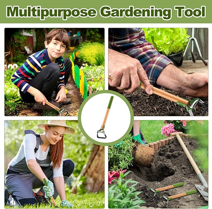 1 Pcs Mini Garden Hoes for Weeding Long Stirrup Hoe Tools Scuffle Garden Tool for Lawn Yard Weeding Gardening (Wood Handle)