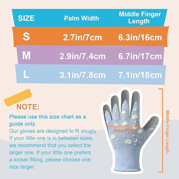 COOLJOB Glow in The Dark Kids Gardening Gloves for Age 3-5, 2 Pairs Children Reflective Yard Work Rubber Coated Gloves, Light Blue with Cloud & Moon, Purple with Stars, Small