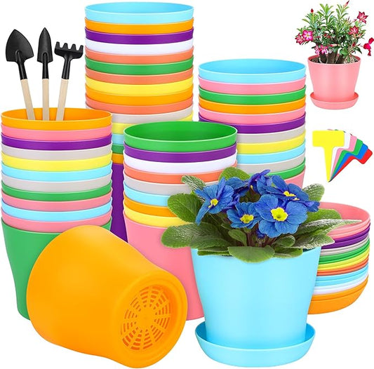 Hahood 48 Pack Plastic Planters 5.5 Inch Flower Plant Pots Indoor Set Thickened Seedling Nursery Pots Seed Starting Pots with Drainage Holes Saucers Mini Garden Tool for Home Office Garden, Multicolor