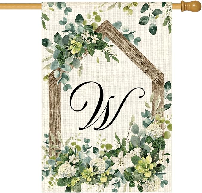 AVOIN colorlife Initial Letter W Monogram House Flag 28x40 Inch Double Sided Outside, Spring Floral Family Last Name Yard Decoration