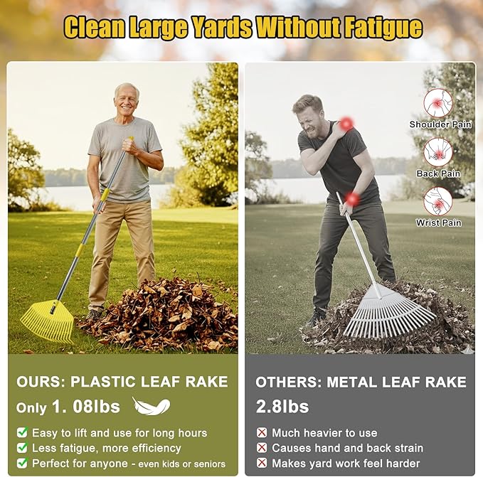 Plastic Leaf Rake - Lightweight Lawn & Garden Rake for Women, Seniors & Kids,16.5" Wide Yard Rake for Leaves, Grass & Pine Needles, Adjustable Handle 35–65"