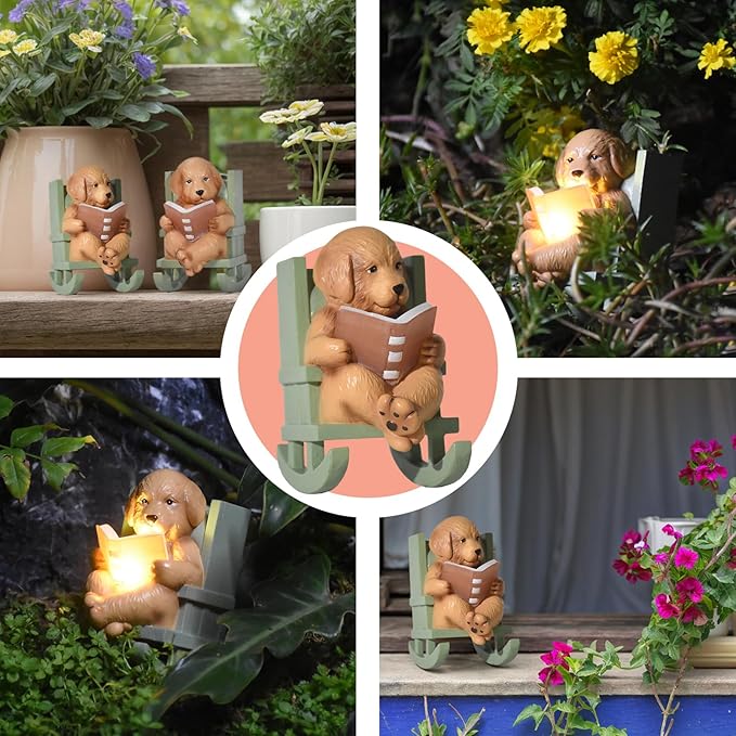 Sheaifun Solar Garden Statues Dog Statues Fairy Garden Accessories Outdoor Resin Dog Figurine Miniature Golden Retriever Statue with Lights for Outside Porch Patio Decor 3 * 2 * 3.5 In Gardening Gifts