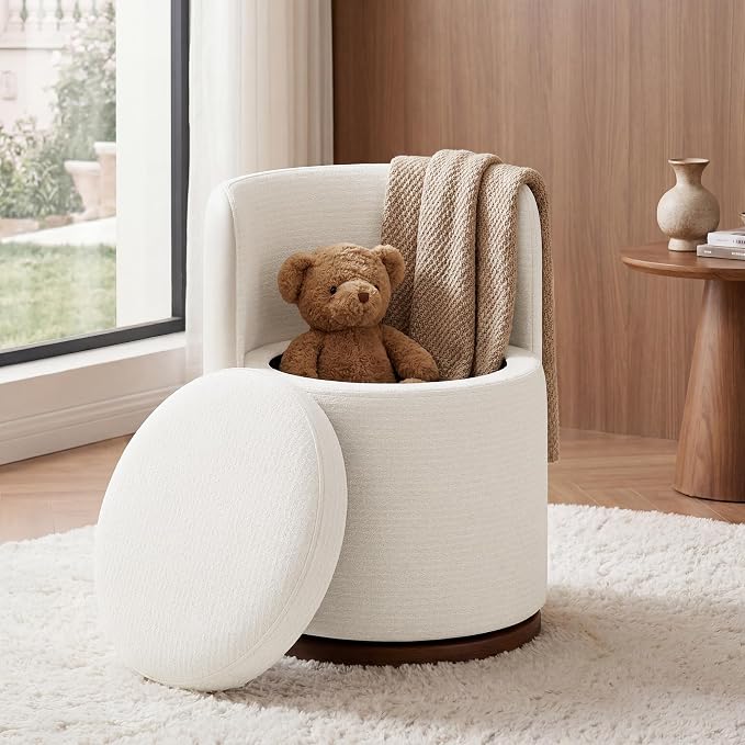 Ottoman with Storage, Round Vanity Stool with Back | 22L Hidden Seat, 360° Swivel, Reversible Lid, No Wheels, Upholstered Makeup Footstool for Bedroom