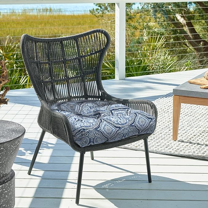 DYTXIII Set of 2 Outdoor Chair Cushions 19"x19"x4", Water Repellent Tufted Patio Seat Cushions with Ties, Thick Replacement Pads for Wicker Dining Chairs, Patio Furniture, Medallion Blue