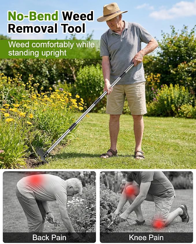 Weed Puller Tool with 47" Long Handle, Heavy Duty 2-in-1 Weeder & Garden Hoe, Uprooting Tool for Lawn, Yard, Patio & Garden, Hand Weed Rake for Efficient Gardening (47 inch)
