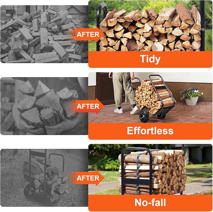 VEVOR Log Cart 250 lbs Load Capacity, Outdoor and Indoor Wood Rack Storage Mover with Pneumatic Rubber Wheels, Heavy Duty Steel Dolly Hauler, Firewood Carrier for Fireplace, Fire Pit, Black
