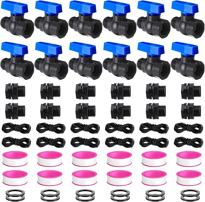 12 Packs Rain Barrel Spigot Kit 3/4" GHT Heavy Duty Plastic Garden Hose Shut Off Ball Valve Water Garden Hose Connector for Rain Barrels Telescopic Water Pipe(PVC Valve)