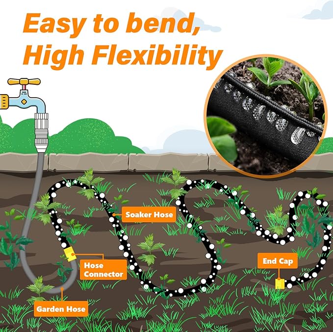 TigeJoy 25FT Flat Soaker Hose, Heavy Duty Double Layer Garden Watering Hose, Flexible Leakproof Drip Irrigation Hose for Raised Beds, Lawns & Vegetables, Save 80% Water
