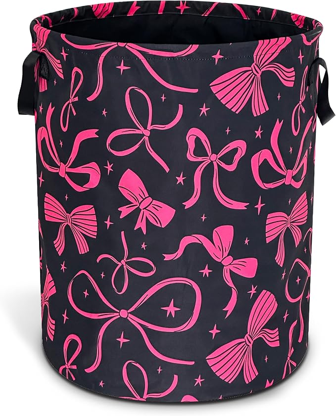 Pink Bowknot Laundry Basket Foldable Oxford Cloth Bow Hamper 18.9 x 16.5 In
