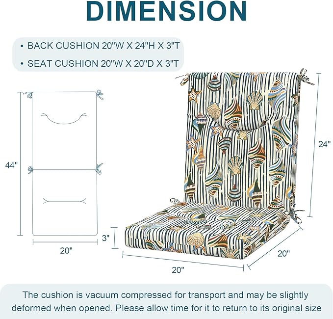 DYTXIII Outdoor High Back Chair Cushions Set of 2, 44x20 in Water Repellent Patio Seat Cushions with Elastic Sponge, All Weather Cushions for Rocking, Dining Chairs, Patio Furniture - Crayon Shells
